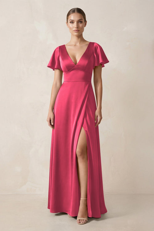 Short Sleeve V - Neck A - Line Satin Bridesmaid Dress With Slit in Fuchsia - KissProm Bridesmaid Dresses