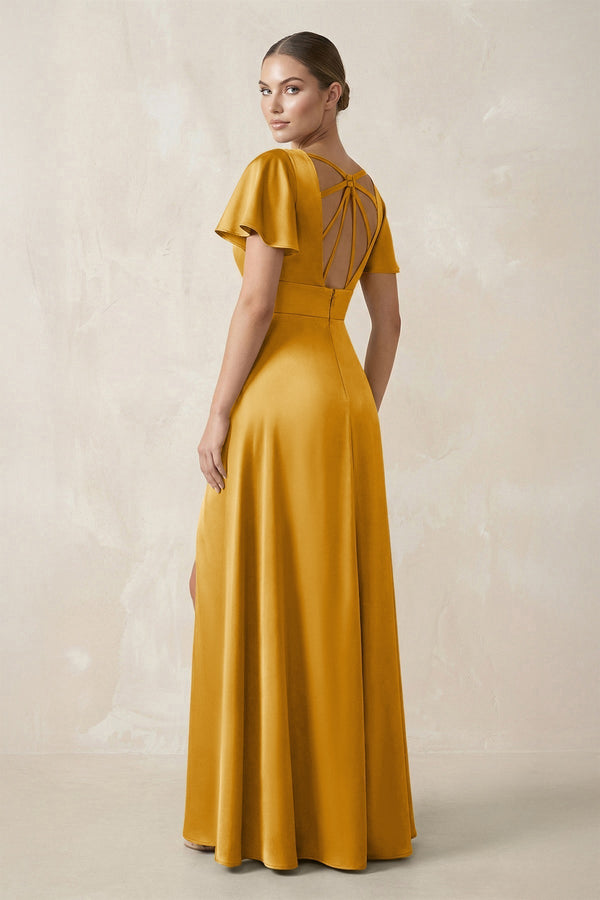Short Sleeve V - Neck A - Line Satin Bridesmaid Dress With Slit in Gold - KissProm Bridesmaid Dresses
