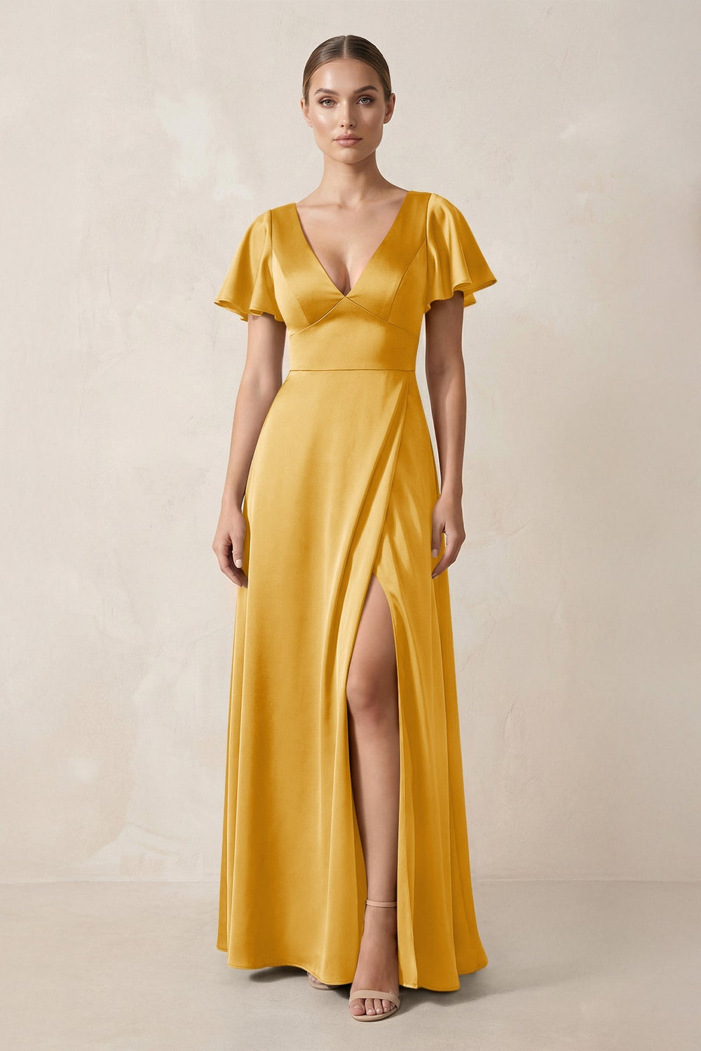 Short Sleeve V - Neck A - Line Satin Bridesmaid Dress With Slit in Gold - KissProm Bridesmaid Dresses