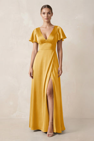 Short Sleeve V - Neck A - Line Satin Bridesmaid Dress With Slit in Gold - KissProm Bridesmaid Dresses