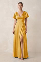 Short Sleeve V - Neck A - Line Satin Bridesmaid Dress With Slit in Gold - KissProm Bridesmaid Dresses