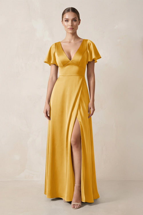 Short Sleeve V - Neck A - Line Satin Bridesmaid Dress With Slit in Gold - KissProm Bridesmaid Dresses