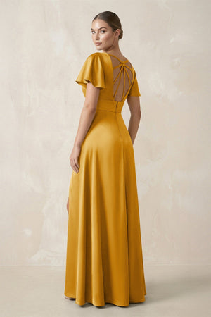 Short Sleeve V - Neck A - Line Satin Bridesmaid Dress With Slit in Gold - KissProm Bridesmaid Dresses