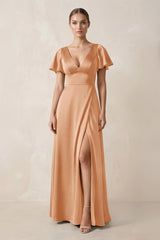 Short Sleeve V - Neck A - Line Satin Bridesmaid Dress With Slit in Golden Champagne - KissProm Bridesmaid Dresses
