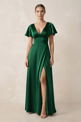 Short Sleeve V - Neck A - Line Satin Bridesmaid Dress With Slit in Green - KissProm Bridesmaid Dresses