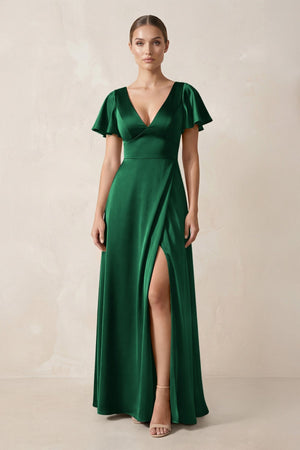 Short Sleeve V - Neck A - Line Satin Bridesmaid Dress With Slit in Green - KissProm Bridesmaid Dresses