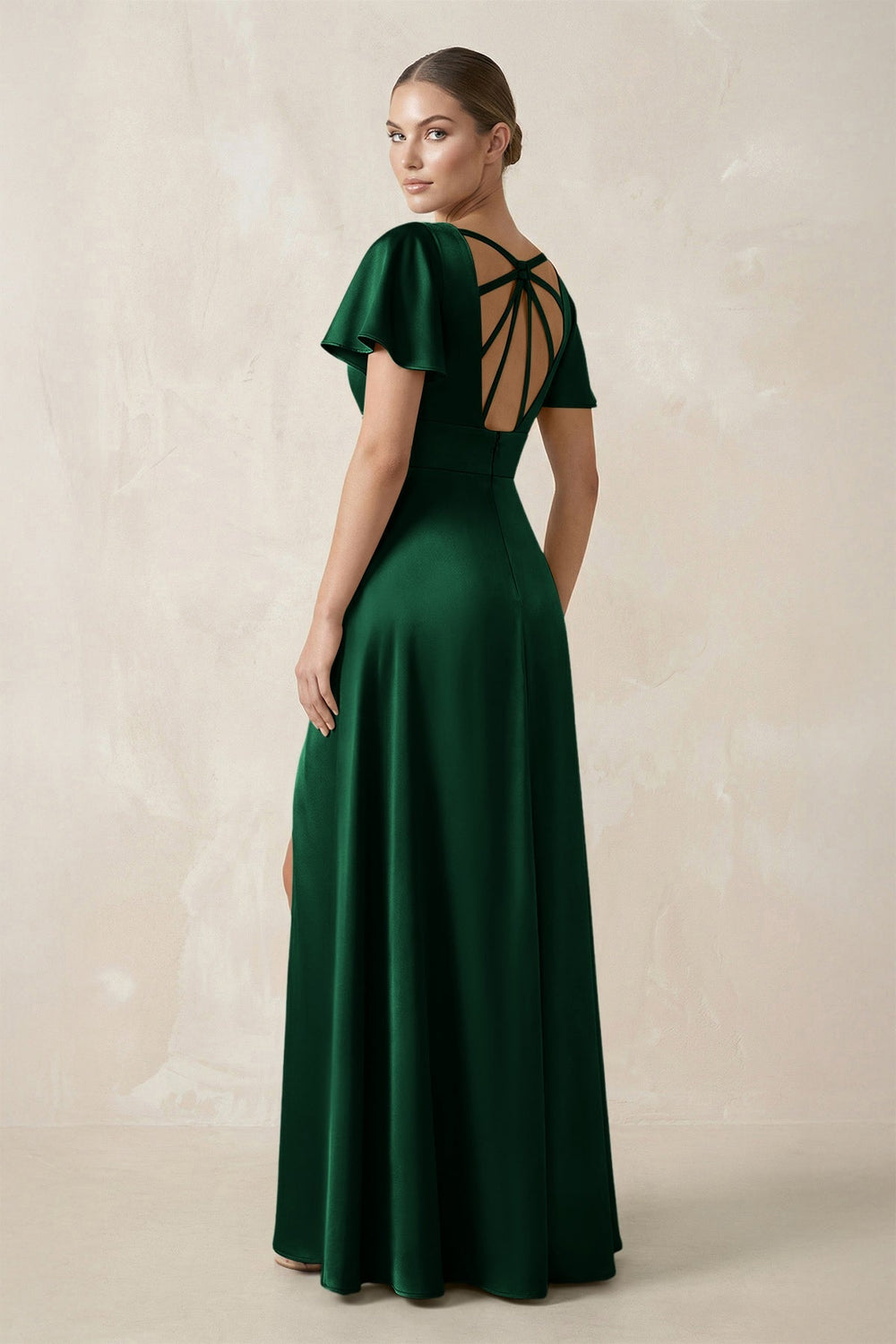 Short Sleeve V - Neck A - Line Satin Bridesmaid Dress With Slit in Green - KissProm Bridesmaid Dresses
