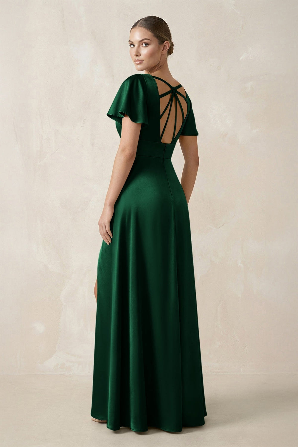 Short Sleeve V - Neck A - Line Satin Bridesmaid Dress With Slit in Green - KissProm Bridesmaid Dresses