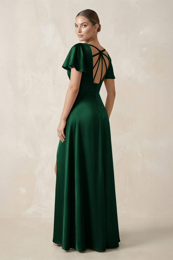 Short Sleeve V - Neck A - Line Satin Bridesmaid Dress With Slit in Green - KissProm Bridesmaid Dresses