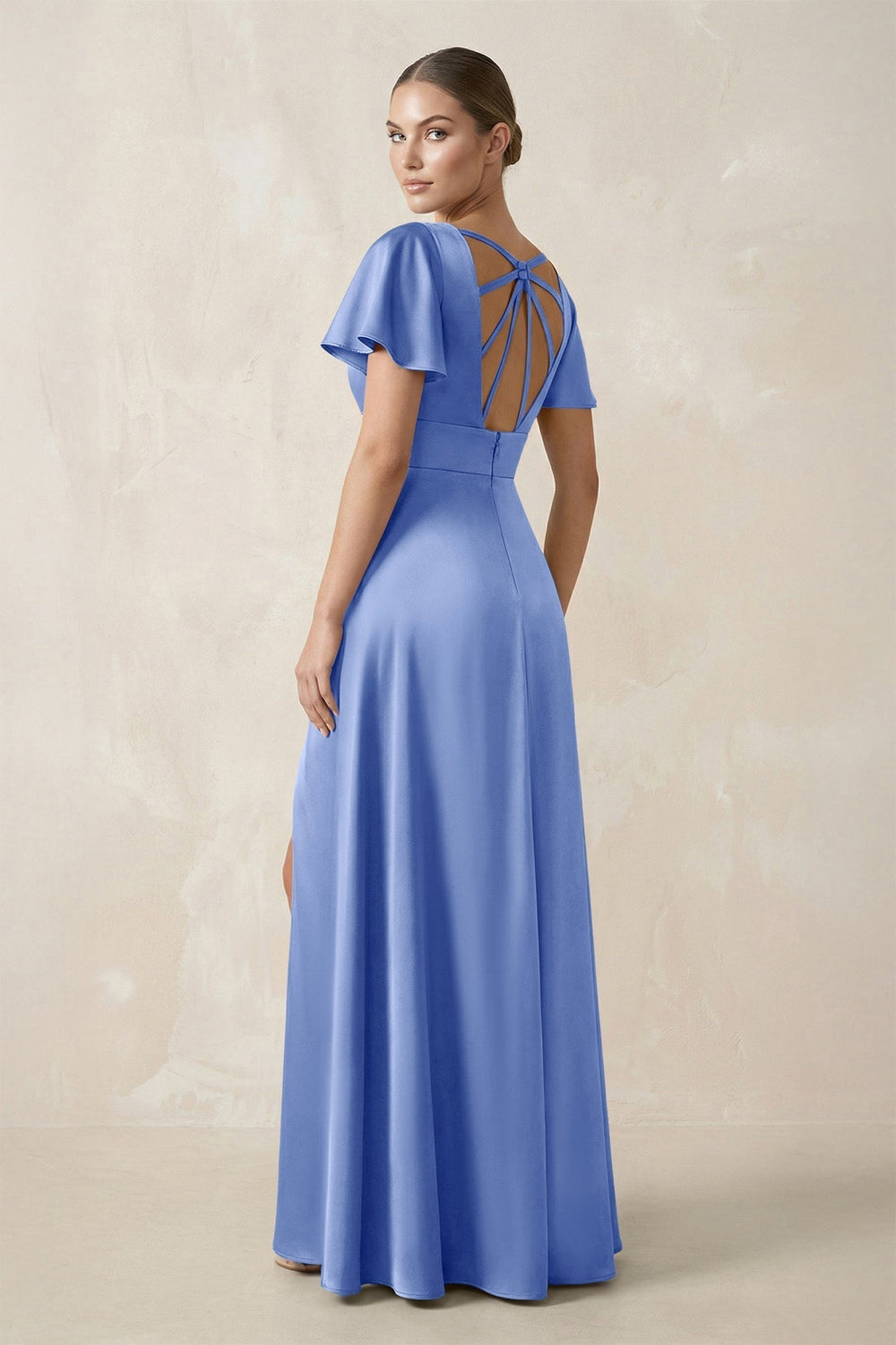 Short Sleeve V - Neck A - Line Satin Bridesmaid Dress With Slit in Ice - KissProm Bridesmaid Dresses