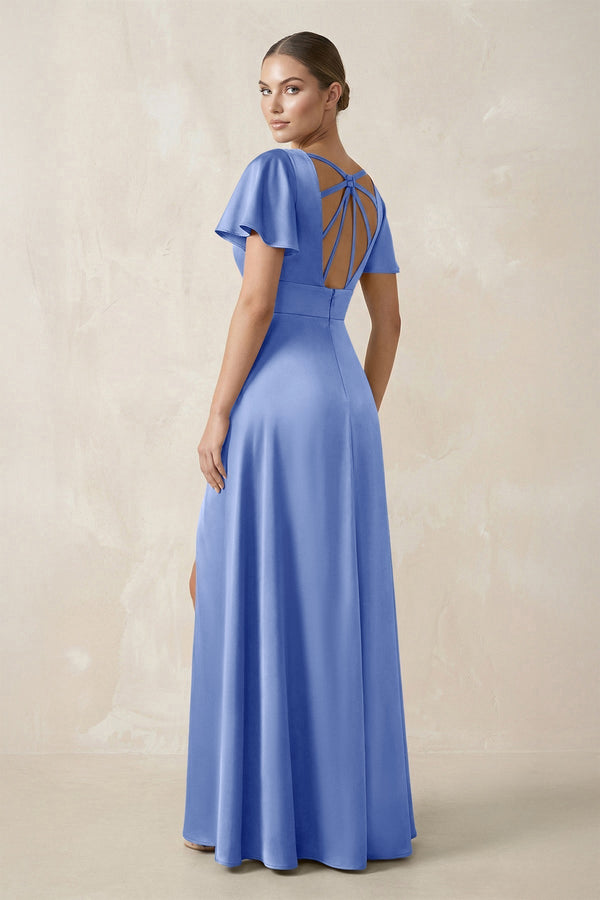 Short Sleeve V - Neck A - Line Satin Bridesmaid Dress With Slit in Ice - KissProm Bridesmaid Dresses