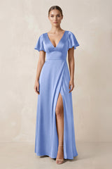 Short Sleeve V - Neck A - Line Satin Bridesmaid Dress With Slit in Ice - KissProm Bridesmaid Dresses