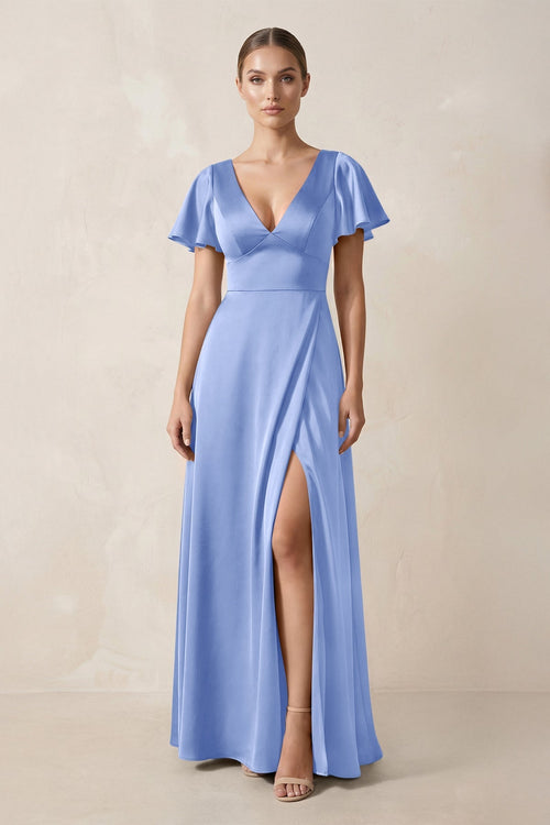 Short Sleeve V - Neck A - Line Satin Bridesmaid Dress With Slit in Ice - KissProm Bridesmaid Dresses
