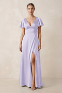 Short Sleeve V - Neck A - Line Satin Bridesmaid Dress With Slit in Lavender - KissProm Bridesmaid Dresses