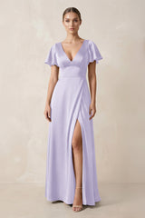 Short Sleeve V - Neck A - Line Satin Bridesmaid Dress With Slit in Lavender - KissProm Bridesmaid Dresses