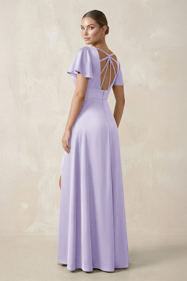 Short Sleeve V - Neck A - Line Satin Bridesmaid Dress With Slit in Lavender - KissProm Bridesmaid Dresses