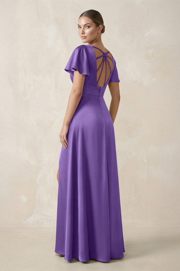 Short Sleeve V - Neck A - Line Satin Bridesmaid Dress With Slit in Lilac - KissProm Bridesmaid Dresses