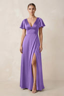 Short Sleeve V - Neck A - Line Satin Bridesmaid Dress With Slit in Lilac - KissProm Bridesmaid Dresses