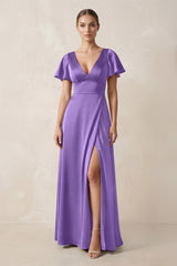 Short Sleeve V - Neck A - Line Satin Bridesmaid Dress With Slit in Lilac - KissProm Bridesmaid Dresses
