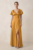 Short Sleeve V - Neck A - Line Satin Bridesmaid Dress With Slit in Marigold - KissProm Bridesmaid Dresses