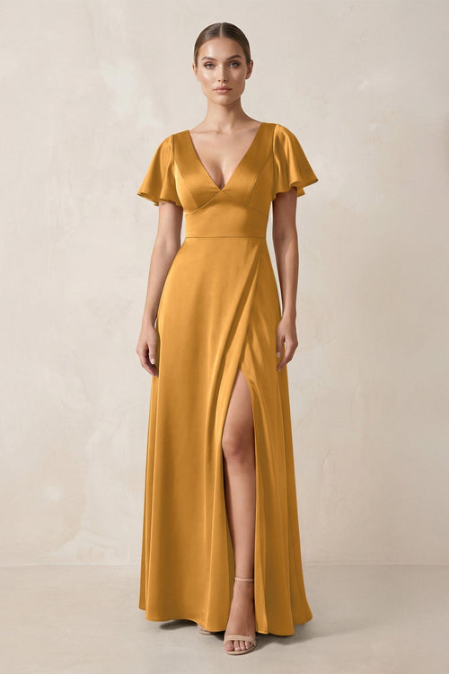 Short Sleeve V - Neck A - Line Satin Bridesmaid Dress With Slit in Marigold - KissProm Bridesmaid Dresses
