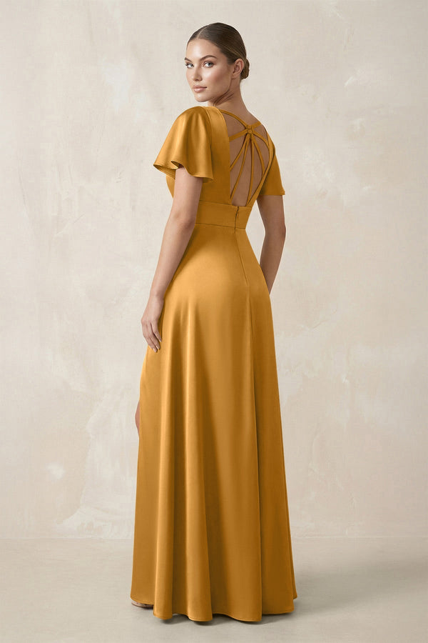 Short Sleeve V - Neck A - Line Satin Bridesmaid Dress With Slit in Marigold - KissProm Bridesmaid Dresses