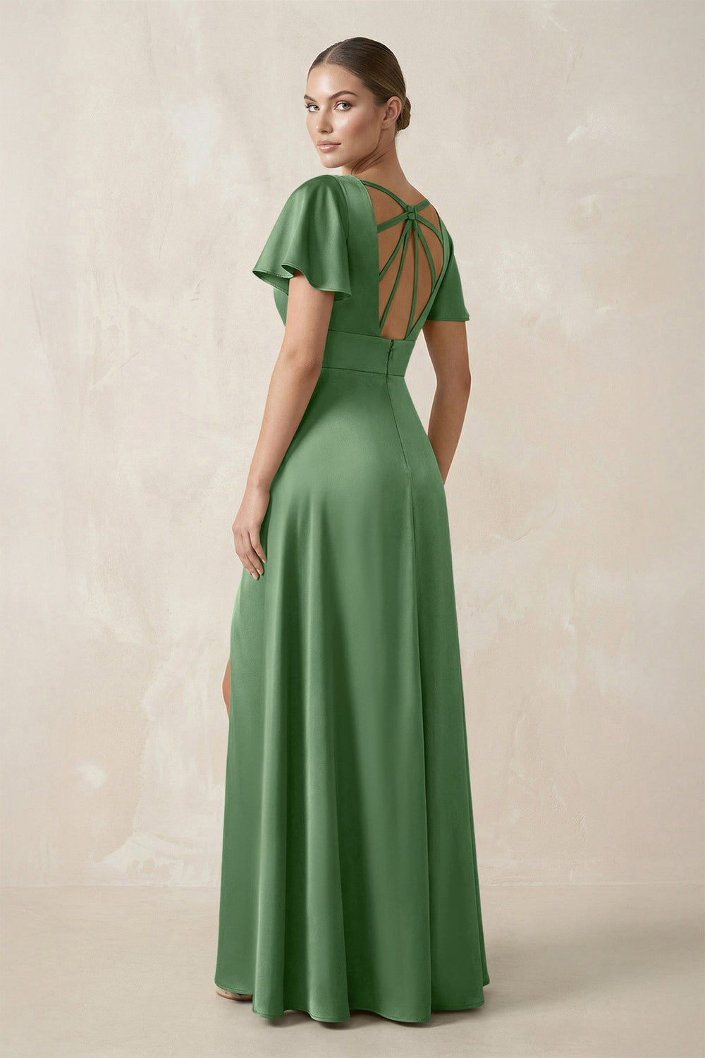 Short Sleeve V - Neck A - Line Satin Bridesmaid Dress With Slit in Matcha - KissProm Bridesmaid Dresses