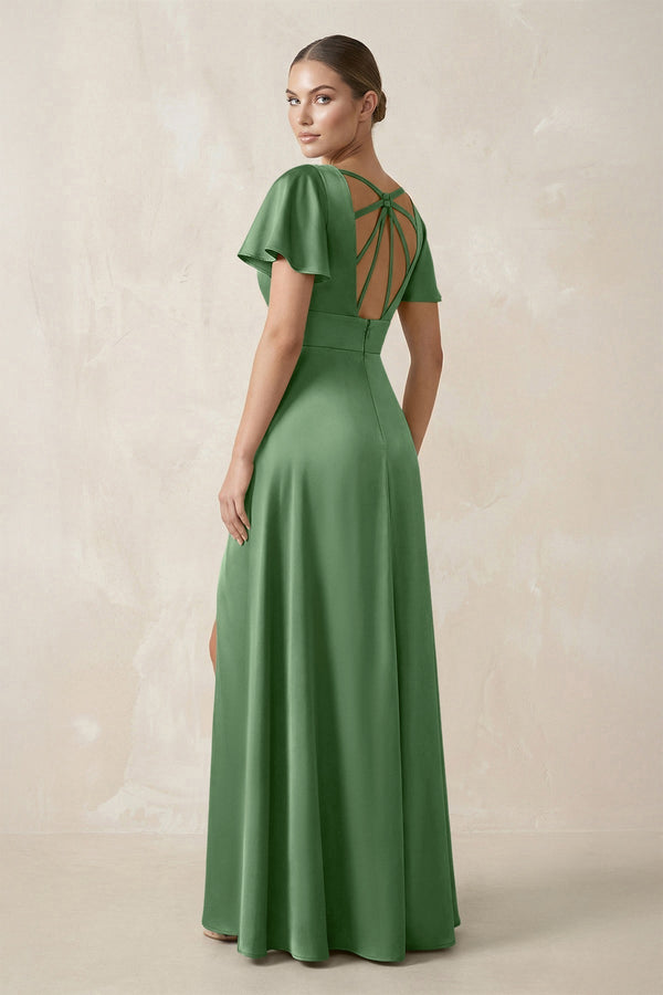Short Sleeve V - Neck A - Line Satin Bridesmaid Dress With Slit in Matcha - KissProm Bridesmaid Dresses