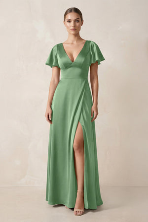 Short Sleeve V - Neck A - Line Satin Bridesmaid Dress With Slit in Matcha - KissProm Bridesmaid Dresses