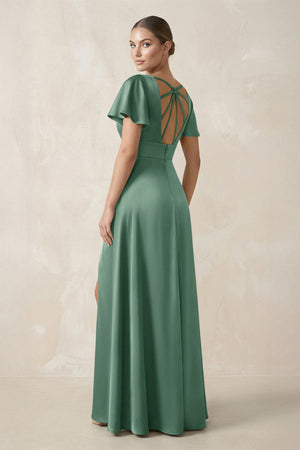 Short Sleeve V - Neck A - Line Satin Bridesmaid Dress With Slit in Mint Green - KissProm Bridesmaid Dresses