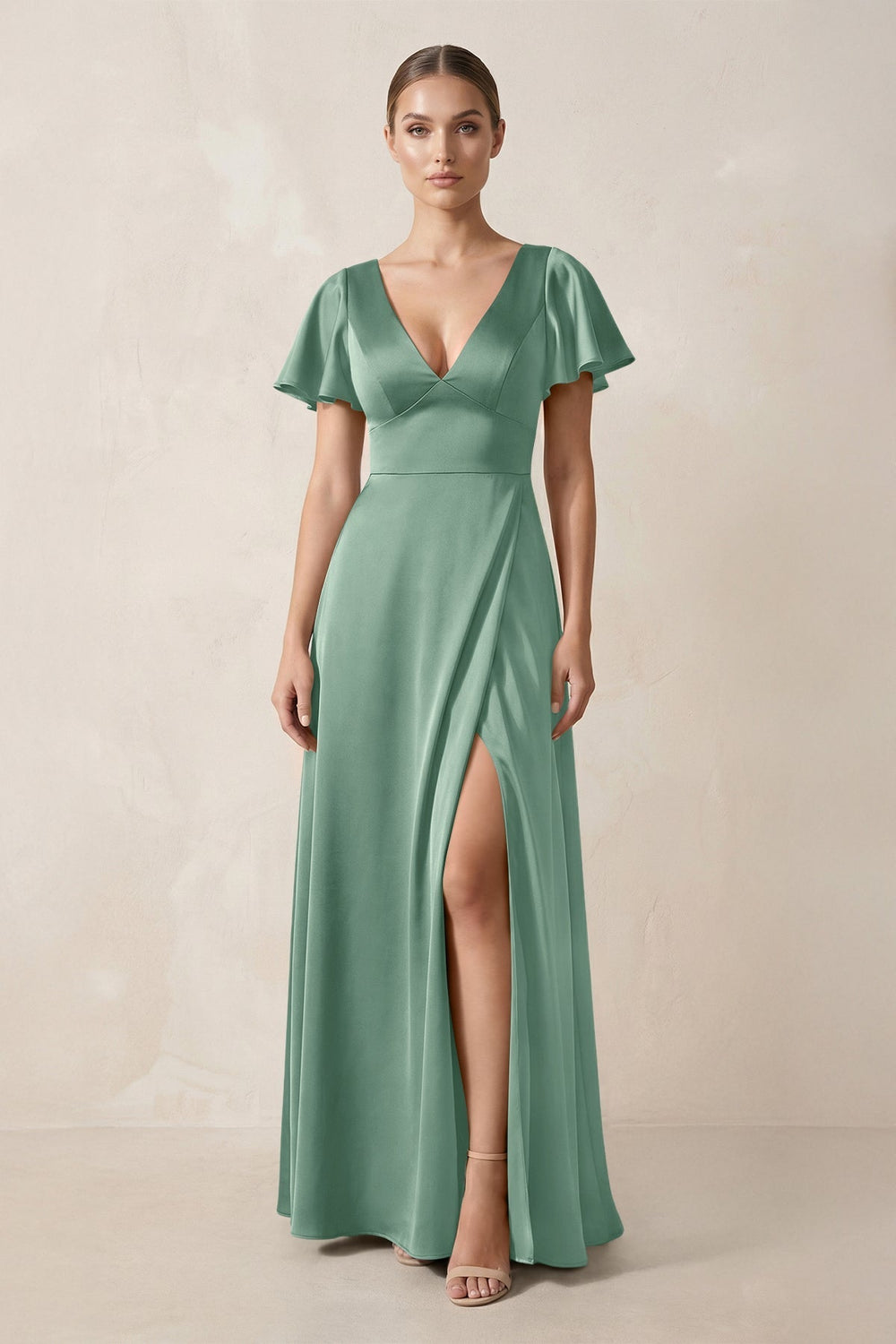 Short Sleeve V - Neck A - Line Satin Bridesmaid Dress With Slit in Mint Green - KissProm Bridesmaid Dresses