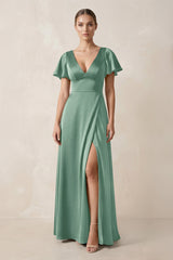 Short Sleeve V - Neck A - Line Satin Bridesmaid Dress With Slit in Mint Green - KissProm Bridesmaid Dresses