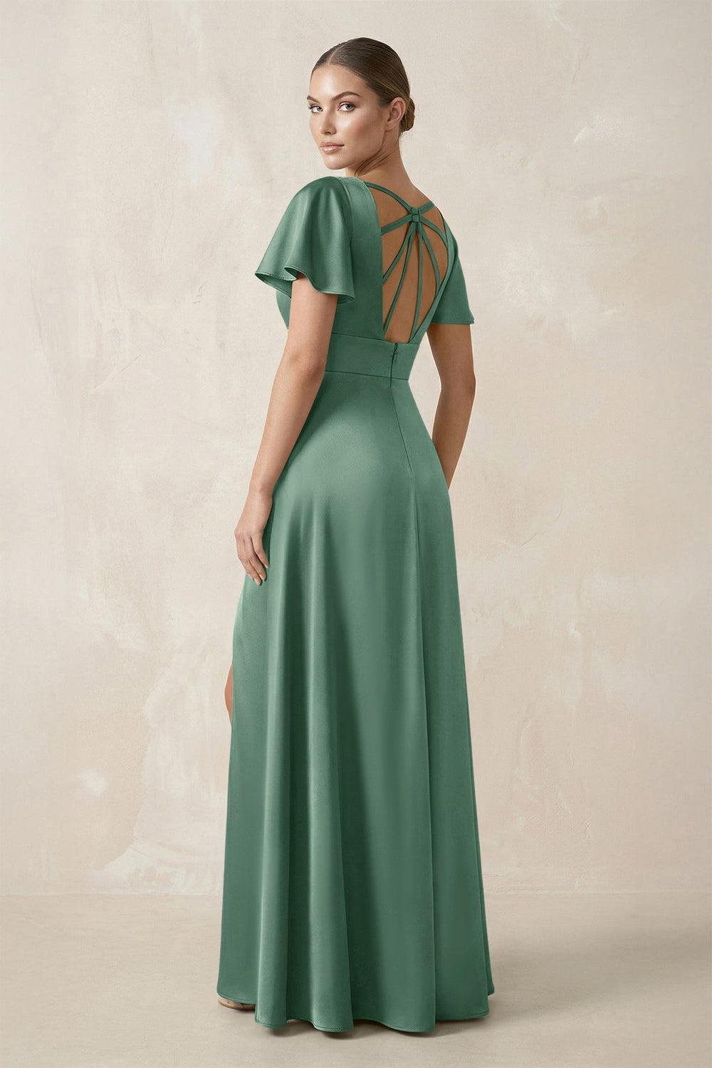 Short Sleeve V - Neck A - Line Satin Bridesmaid Dress With Slit in Mint Green - KissProm Bridesmaid Dresses