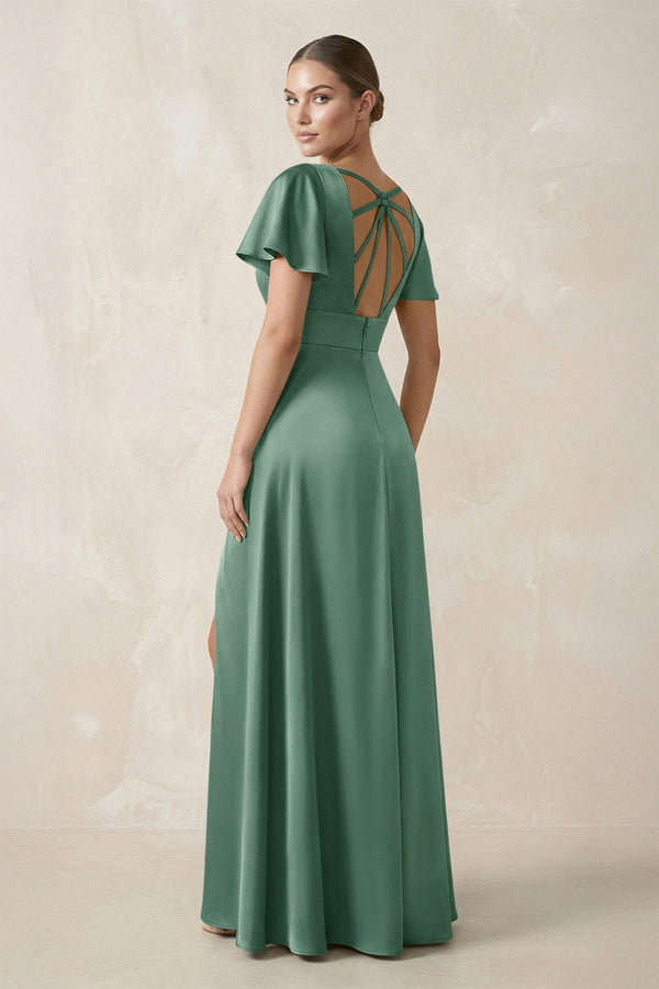 Short Sleeve V - Neck A - Line Satin Bridesmaid Dress With Slit in Mint Green - KissProm Bridesmaid Dresses