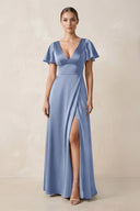 Short Sleeve V - Neck A - Line Satin Bridesmaid Dress With Slit in Mist - KissProm Bridesmaid Dresses