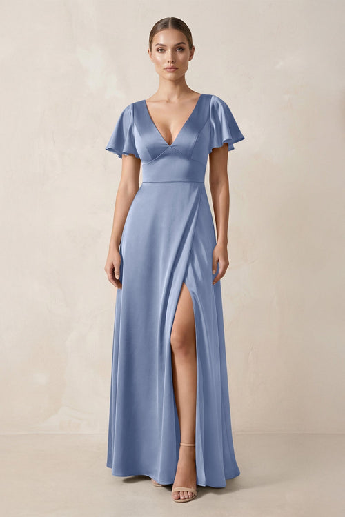 Short Sleeve V - Neck A - Line Satin Bridesmaid Dress With Slit in Mist - KissProm Bridesmaid Dresses