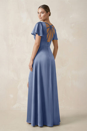 Short Sleeve V - Neck A - Line Satin Bridesmaid Dress With Slit in Mist - KissProm Bridesmaid Dresses