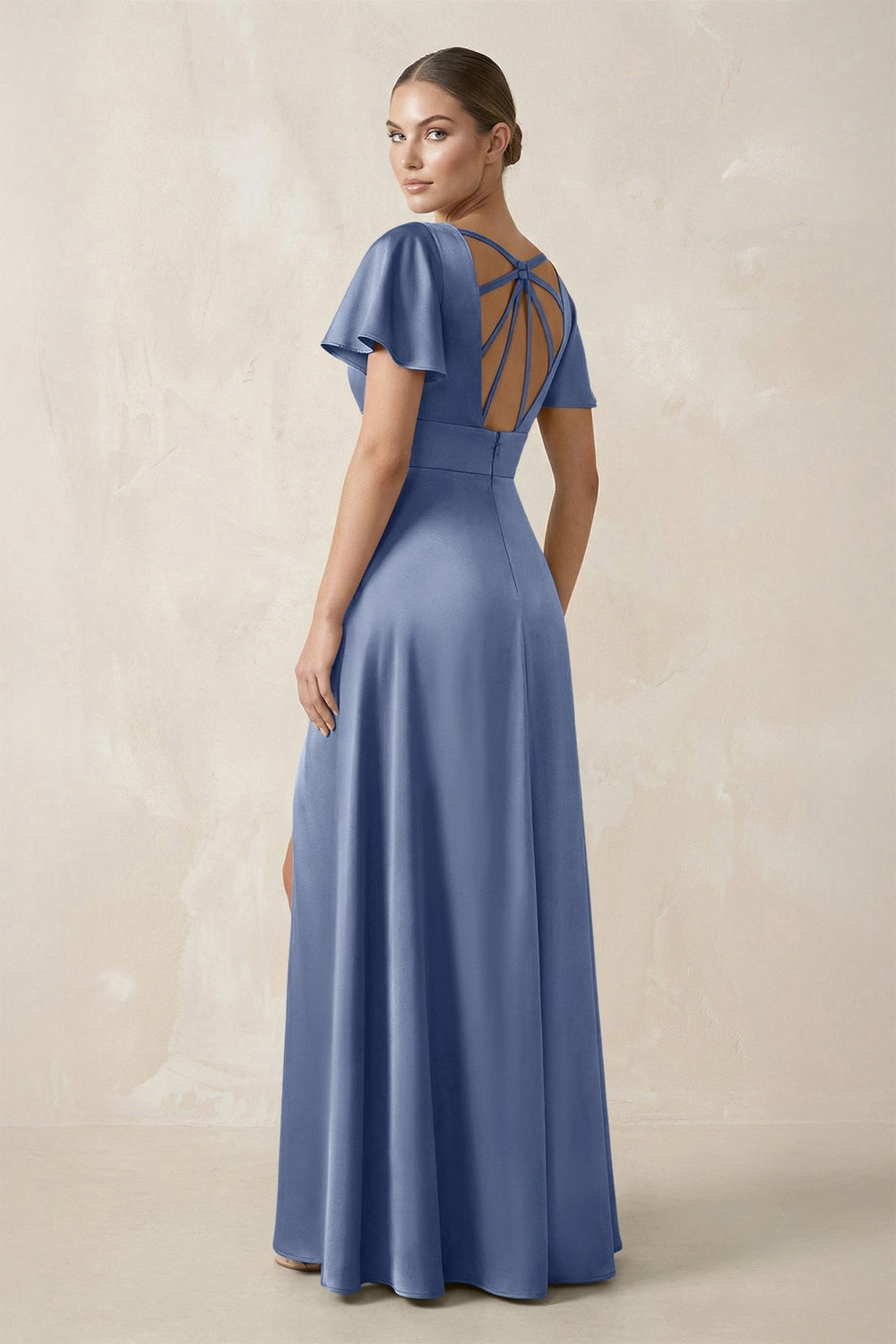 Short Sleeve V - Neck A - Line Satin Bridesmaid Dress With Slit in Mist - KissProm Bridesmaid Dresses