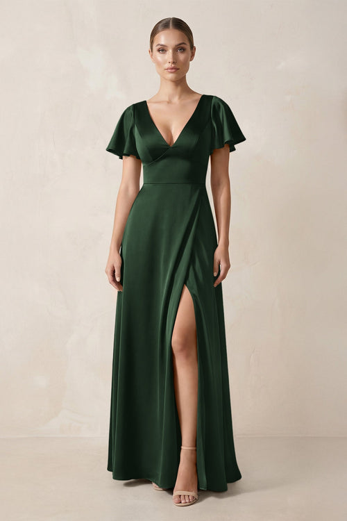 Short Sleeve V - Neck A - Line Satin Bridesmaid Dress With Slit in Moss - KissProm Bridesmaid Dresses