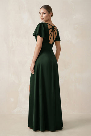 Short Sleeve V - Neck A - Line Satin Bridesmaid Dress With Slit in Moss - KissProm Bridesmaid Dresses