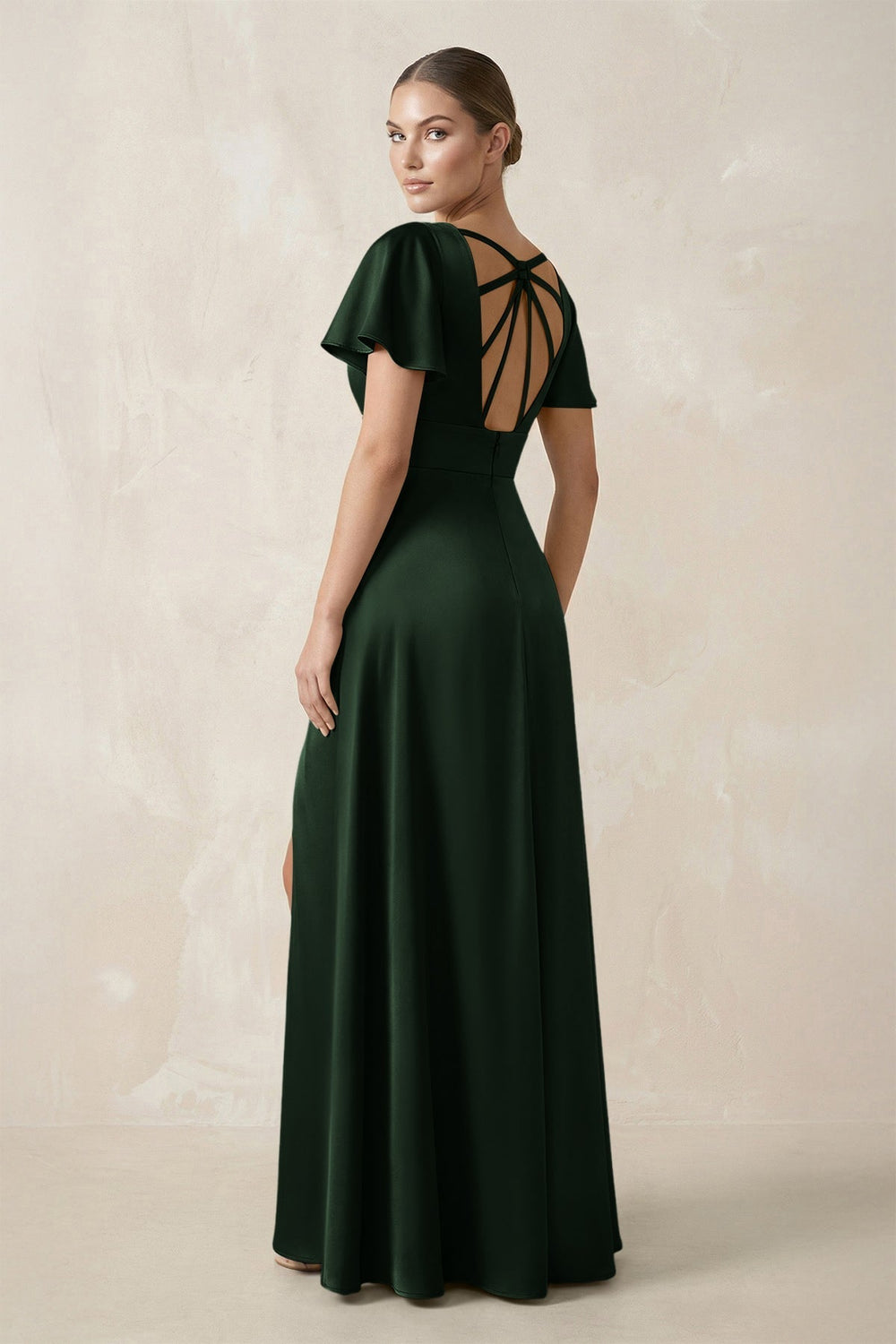 Short Sleeve V - Neck A - Line Satin Bridesmaid Dress With Slit in Moss - KissProm Bridesmaid Dresses