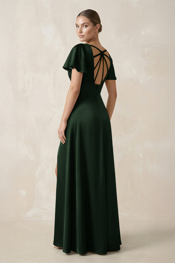 Short Sleeve V - Neck A - Line Satin Bridesmaid Dress With Slit in Moss - KissProm Bridesmaid Dresses
