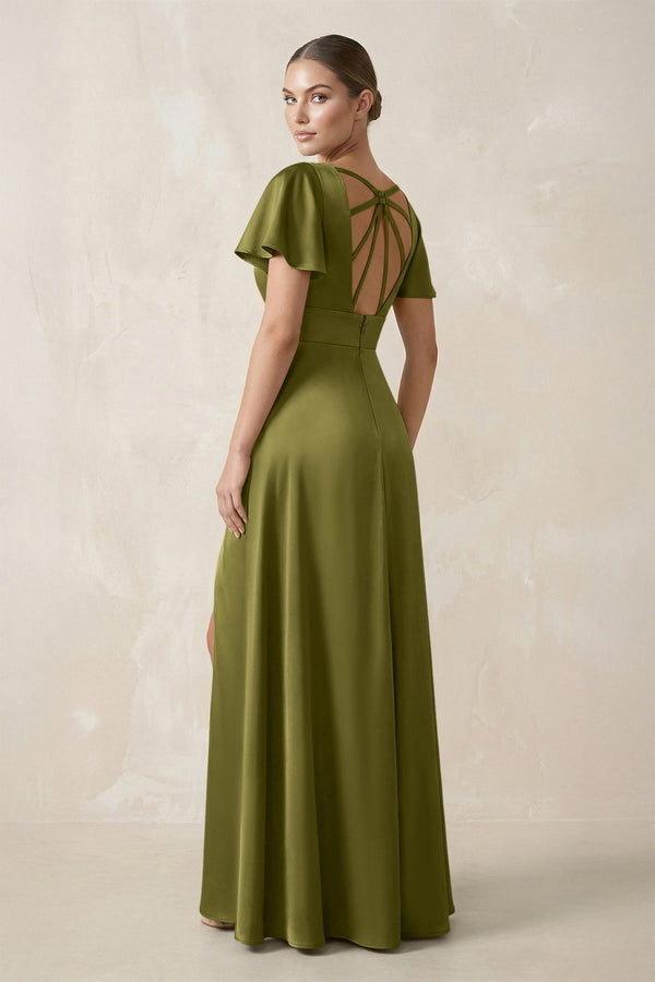 Short Sleeve V - Neck A - Line Satin Bridesmaid Dress With Slit in Moss Green - KissProm Bridesmaid Dresses