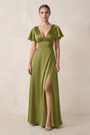 Short Sleeve V - Neck A - Line Satin Bridesmaid Dress With Slit in Moss Green - KissProm Bridesmaid Dresses