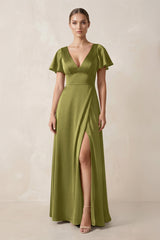 Short Sleeve V - Neck A - Line Satin Bridesmaid Dress With Slit in Moss Green - KissProm Bridesmaid Dresses