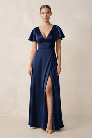 Short Sleeve V - Neck A - Line Satin Bridesmaid Dress With Slit in Navy - KissProm Bridesmaid Dresses