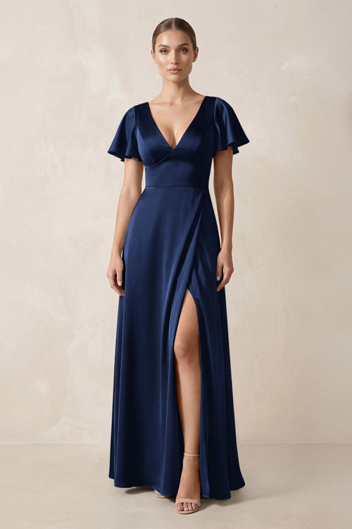 Short Sleeve V - Neck A - Line Satin Bridesmaid Dress With Slit in Navy - KissProm Bridesmaid Dresses