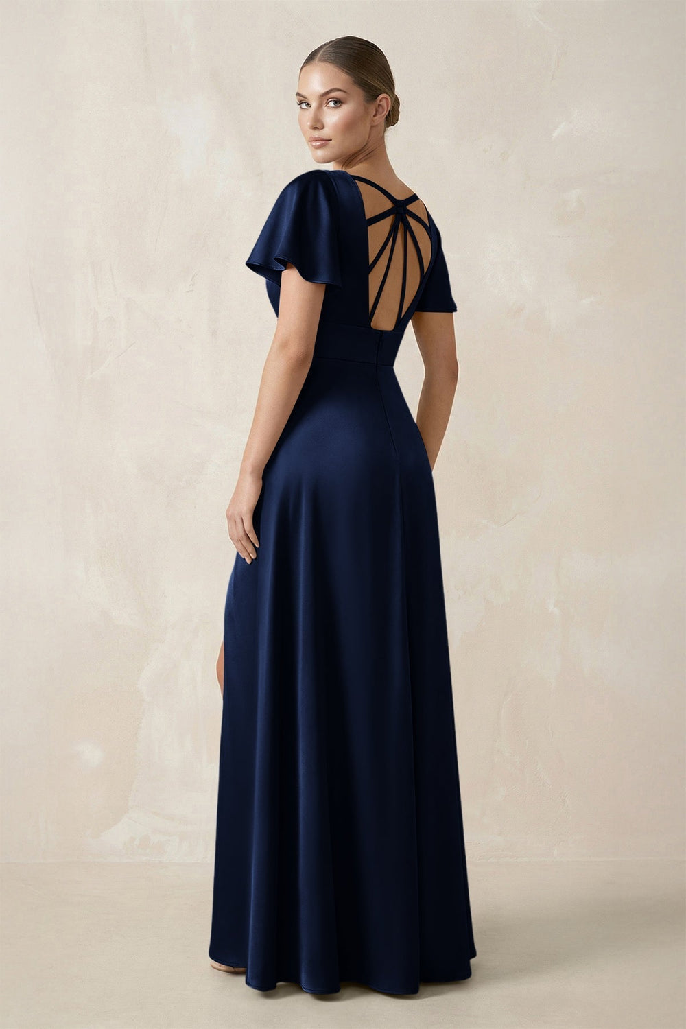 Short Sleeve V - Neck A - Line Satin Bridesmaid Dress With Slit in Navy - KissProm Bridesmaid Dresses