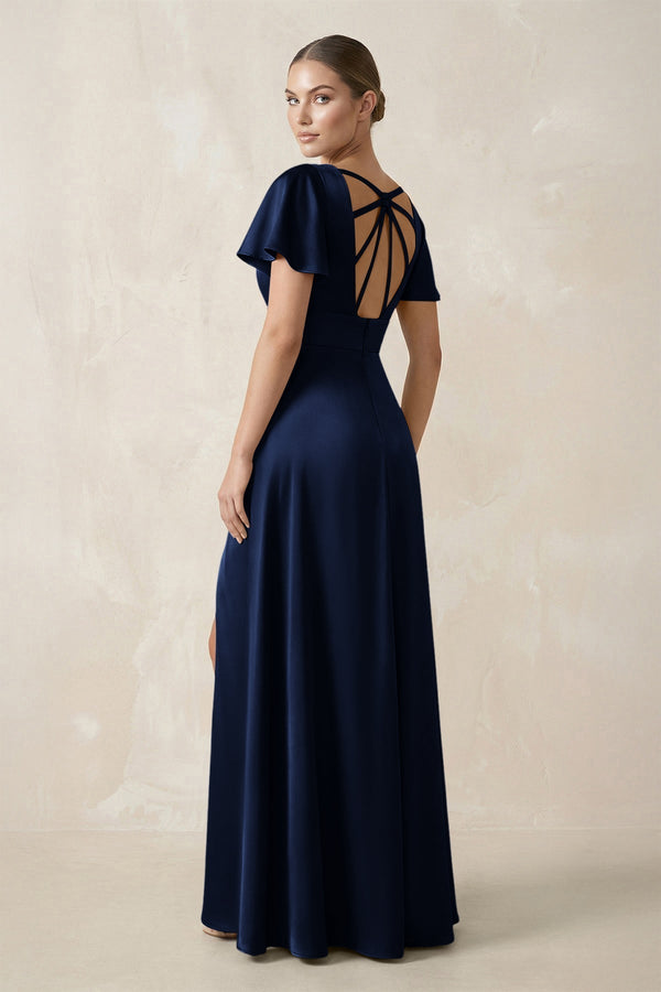 Short Sleeve V - Neck A - Line Satin Bridesmaid Dress With Slit in Navy - KissProm Bridesmaid Dresses