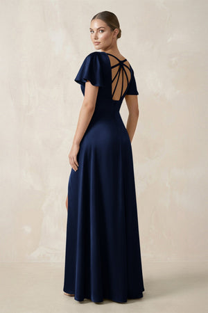 Short Sleeve V - Neck A - Line Satin Bridesmaid Dress With Slit in Navy - KissProm Bridesmaid Dresses